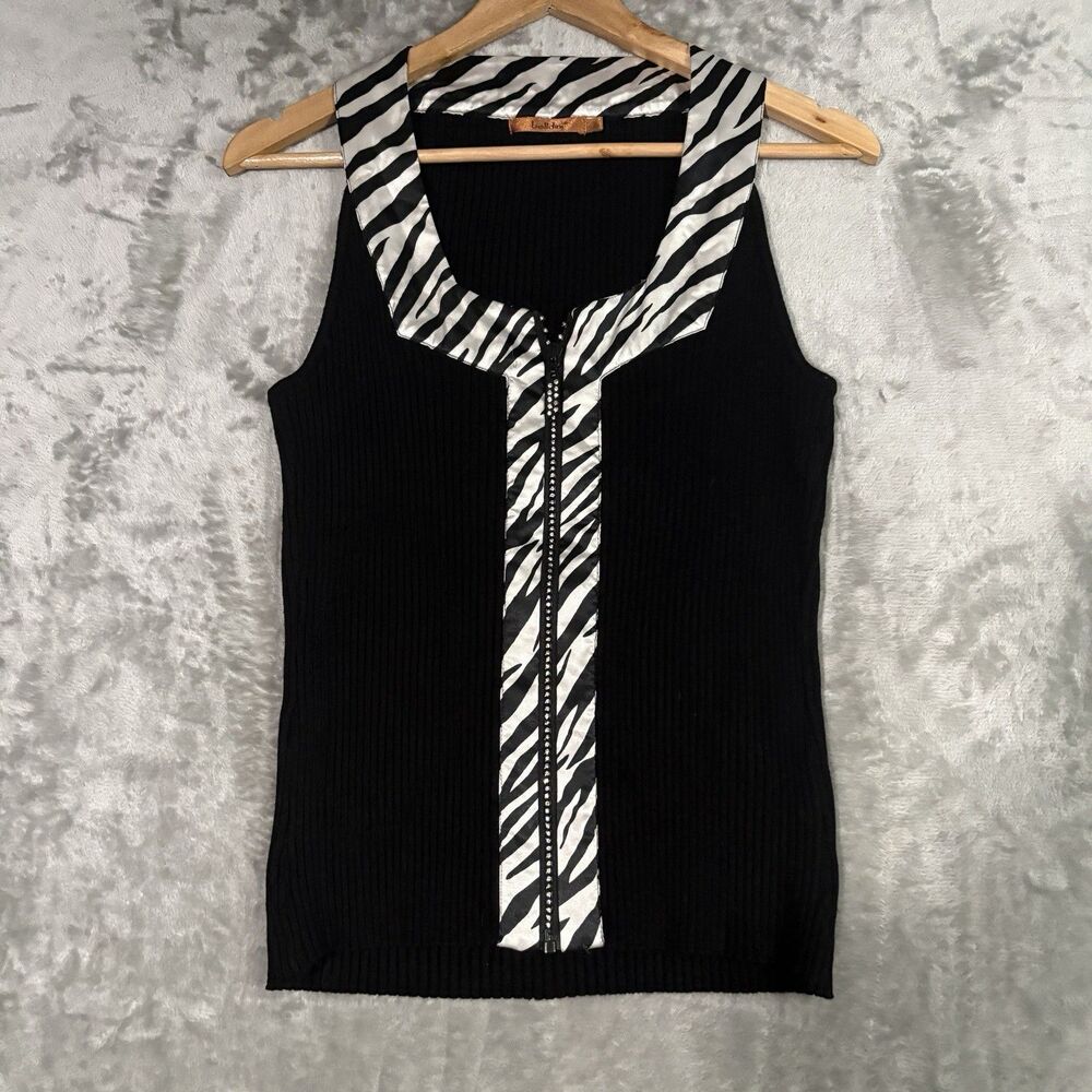 Belldini Black Ribbed Zip Front Zebra Trim Rhinestones Sleeveless Top Size L Y2K